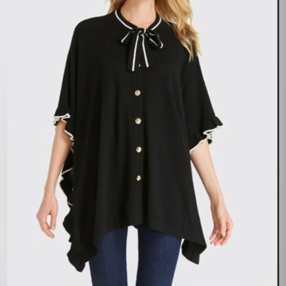 Draper James SZ XS-SM‎  BLACK KNIT RUFFLED CAPE~ Gold Buttons! NWT